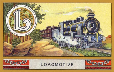 L : Lokomotive - Alphabet Palmin. Série de chromolithographies éditées par H. Schlinck & Cie, Hambourg, s. d. Publicité pour Palmin feinstes Cocosfett. Dimensions : 7 x 11 cm