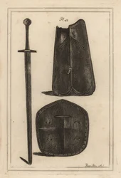 Grand plastron ou cuirasse, bouclier perforé au centre et épée à deux mains ayant appartenu à Guy, comte de Warwick