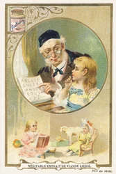 Lecture avec grand-père. Chromolithographie publicitaire représentant dans un cadre circulaire une personne âgée, une petite à ses côtés. En bas de l