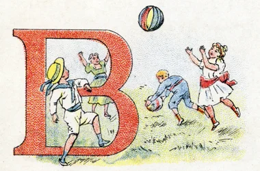 Lettre B Ballon. Alphabet de Phosphatine Falières. Gravure. Breveté alphabet S.G.D.G. par le pharmacien Pierre Émile Falières. Illustrations en chromolithographie, fin 19ème siècle.