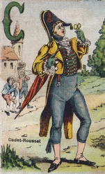 Lettre C : Cadet Roussel. Album drolatique. Série numéro 4 dans Albums-chromo sur toile. Chromolithographies sur tissu. Imagerie Marcel Vagne, Jarville-Nancy, début 20ème siècle. Dim : 25x17,5 cm.