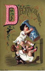 Lettre D : Dégringolade. Gravure dans "Alphabet des grotesques". Série de 25 chromolithographies publicitaires sur fond doré, fin 19e siècle.