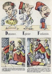 Lettres D, E et F : danseur, épicier et infanterie. Alphabet du Conte Oriental. Imagerie d