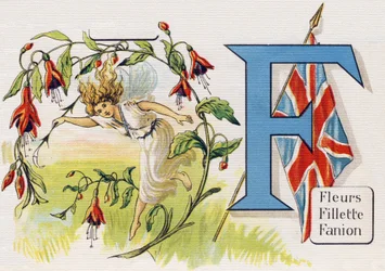 Lettre F: Fleurs, Fille, Fanion. Gravure dans "ABC L