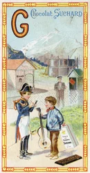 Lettre G : glacier, gendarme, gazomètre, gamin, gare, guerrier, girouette, guitare. Gravure de l