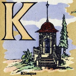 Lettre K comme kiosque. Alphabet illustré. Imageries réunies à Jarville-Nancy, début 20ème siècle. Dim : 40 x 29 cm. Lithographie sur fond bistre.