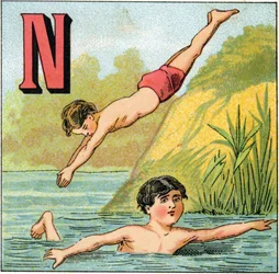 Lettre N pour la natation. Gravure dans "Alphabet des petits écoliers". Imagerie d