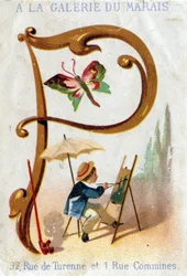 Lettre P : peintre, papillon, parasol, pipe. Alphabet Art Nouveau : Série de 25 chromolithographies publicitaires. Lithographie par Alfred Clarey, fin du 19ème siècle. Dim 115x75mm