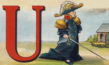 Lettre U : uniforme. Gravure dans "Alphabet de ma petite fille". Bernardin-Bechet et Fils, libraires-éditeurs, Paris, vers 1895. Album indéchirable sur toile. Bibliothèque des Bébés.