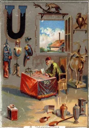 Lettre U : uniformes ; urne ; urus ; urubu ; usurier ; ustensiles ; usine. Alphabet. Dans chaque image, il y a un certain nombre de mots illustres dont les représentations sont mises en scène. Chromolithographies de la Lithographie parisienne, vers 1890. D