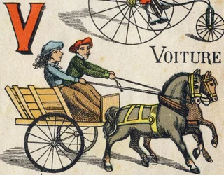 Lettre V pour voiture. Gravure dans « ABC Toys ». Imagerie d