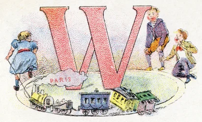 Lettre W : wagon. Alphabet de Phosphatine Falières. Gravure. Alphabet breveté S.G.D.G. par le pharmacien Pierre Émile Falières. Illustrations en chromolithographie, fin du 19e siècle. 16 pages