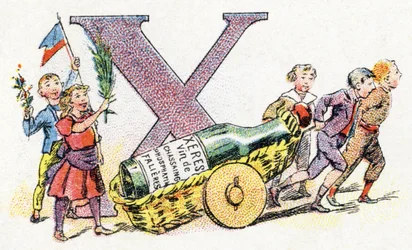 Lettre X : Xérès. Alphabet de Phosphatine Falières. Gravure. Alphabet breveté S.G.D.G. par le pharmacien Pierre Émile Falières. Illustrations en chromolithographie, fin 19ème siècle. 16 pages. Dim : 103x154 mm.
