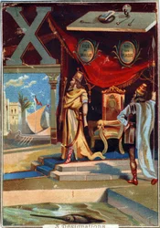 Lettre X : Xerxès I ; xylographie ; xiphias. Alphabet. Dans chaque image, il y a un certain nombre de mots illustres dont les représentations sont mises en scène. Chromolithographies de la Lithographie parisienne, vers 1890. Dim : 10,7x7,5cm