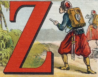 Lettre Z : Zouave. Gravure dans « Alphabet de ma petite fille ». Bernardin-Bechet et Fils, libraires-éditeurs, Paris, vers 1895. Album incassable sur toile. Bibliothèque des Bébés. 12 pages. Album contenant une méthode de lecture et un abécédaire illustré