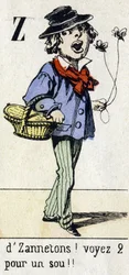 Lettre Z : "par Zannetons ! Voyez 2 pour un sou !!" Alphabet "Divertissements enfantins". Imagerie d