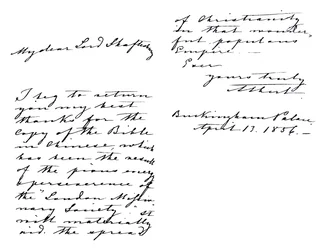 Lettre du prince consort Albert à Anthony Ashley-Cooper, comte de Shaftesbury, le remerciant pour une copie de la Bible en chinois, écrite depuis le palais de Buckingham