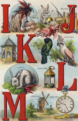 Lettres I J K L : Indien ; Joujoux ; Kakatoes ; Kiosque ; Lanterne ; Lapin ; Montre Pièces ; Moulin. Gravure dans "Alphabet de ma petite fille". Bernardin-Béchet et Fils, libraires-éditeurs, Paris, vers 1895. Album incassable sur toile. Bibliothèque des Bé