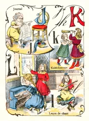 Lettres J K et L comme journal, kaléidoscope et leçon de chant. Gravure dans "Alphabet amusant". Imagerie de Pont-à-Mousson. Impression et édition Louis Vagne, fin du 19ème siècle