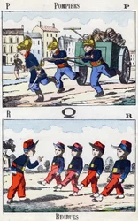 Lettres P Q R : Pompiers et recrues. Gravure dans "Alphabet militaire enfantin". Imagerie de Pont-à-Mousson, vers 1890. 20 pages. Dim : 28,5x21 cm.