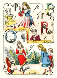 Lettres P Q et R comme peureux, rire et quadrille. Gravure dans "Alphabet amusant". Imagerie de Pont-à-Mousson. Impression et édition Louis Vagne, fin du 19ème siècle