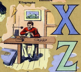 Lettres X et Z comme xylographie. Graveur faisant des gravures sur bois. Alphabet illustré. Imageries réunies à Jarville-Nancy, début du 20e siècle. Dim: 40 x 29 cm. Lithographie sur fond bistre