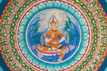 Vie de Bouddha. Œuvre au plafond représentant la vie de Bouddha. Wat Inpeng. Vientiane, Laos