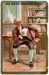 Littérature. Le philosophe français Denis Diderot. Imagerie du grand magasin parisien : Aux Quatre Arrondissements, France, vers 1900