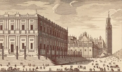 Lonja de Comercio ("Bâtiment de commerce") et vue partielle de la cathédrale de Séville. Gravure. ESPAGNE. MADRID (COMMUNAUTÉ AUTONOME). Madrid. Bibliothèque nationale