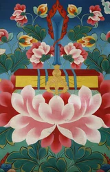 Fleur de lotus, épée de la connaissance et texte sacré. Monastère de Kopan, Katmandou, Népal
