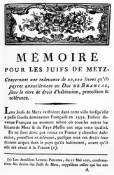 Manifeste en soutien aux Juifs de Metz soutenant la suppression de la taxe payable par les Juifs au duc de Brancas, vers 1790 (papier imprimé)