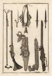 Mousquet à mèche, serrure et baïonnette de la Tour de Londres 1-3, baïonnette 4, repose-mousquet et baïonnette 5, repose-mousquet 6, bandoulières et flasque à poudre 7, serrure à roue 8,9, et clé 10
