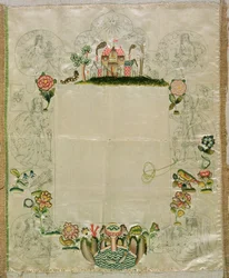 Cadre de miroir, broderie inachevée en soies colorées, milieu du XVIIe siècle