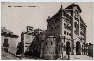 Monaco : vue extérieure de la Cathédrale Notre-Dame-Immaculée - Carte postale fin 19e-20e siècle
