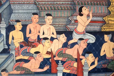 Moines. Détail de la fresque murale sur les murs intérieurs du Vihara de l