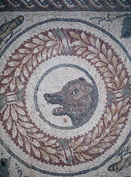 Mosaïque du péristyle. Détail représentant une tête d