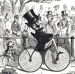 M. Punch et le chien Toby chevauchant des vélocipèdes