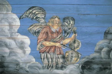 Fresque peinte sur un mur en bois, Musée ethnographique en plein air, Riga, Lettonie