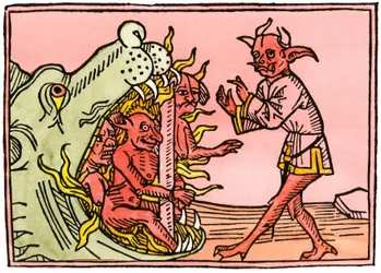 Mythes et légendes : Bouche du dragon en enfer brûlant des démons. Gravure colorée d