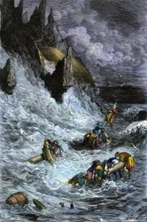 Mythes et légendes : Sinbad et ses compagnons après les Mille et Une Nuits. Gravure en couleur de Gustave Doré.