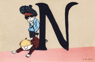 N comme narguer - Alphabet enfants. C. M. éditeur, Paris. Cartes postales peintes à la main, affranchies en 1904. Dimensions : 14 x 9 cm