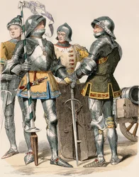 Nobles chevaliers du Duché de Bourgogne (France), en armure et armement, avec un canon