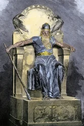 Mythologie nordique : représentation de la divinité Wotan (Odin). Gravure en couleur du 19ème siècle