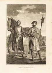 Soldats normands en cotte de mailles et armure de plaques avec bouclier, lance, hallebarde, devant des tentes de campagne militaire