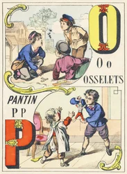 O P : osselets, pantin - Alphabet des jeux, c.1890
