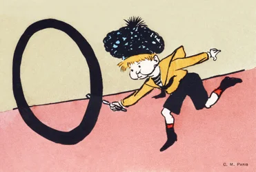 O comme cerceau en forme de O - Alphabet enfants. C. M. éditeur, Paris. Cartes postales peintes à la main, affranchies en 1904. Dimensions : 14 x 9 cm