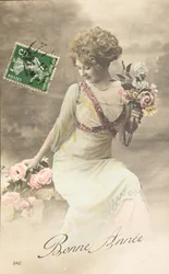 Bonne année, souhait, femme Belle Époque