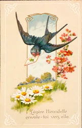 Vieille carte postale / Hirondelle / Message