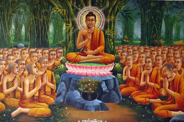 Peinture représentant Bouddha enseignant aux moines Udong Cambodge