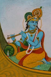 Peinture représentant Krishna sur un bateau. Inde